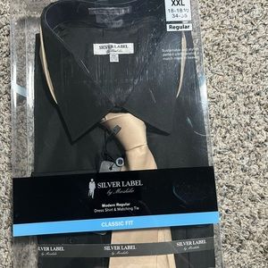 Men’s dress shirt with necktie. New. Size 2XL. Neck 18-18.5. Black, long sleeve.